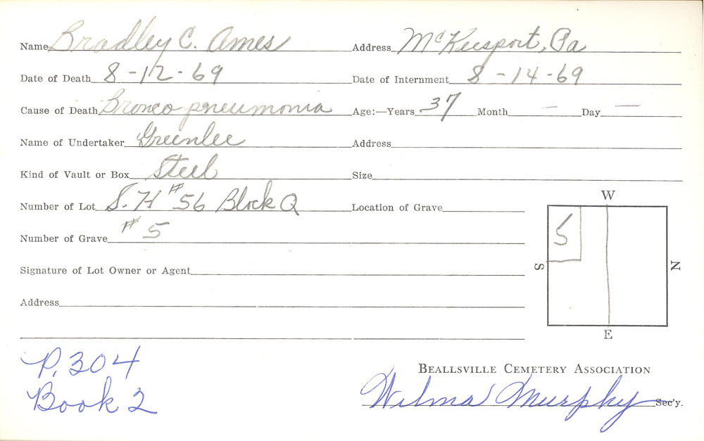 Bradley C. Ames burial card